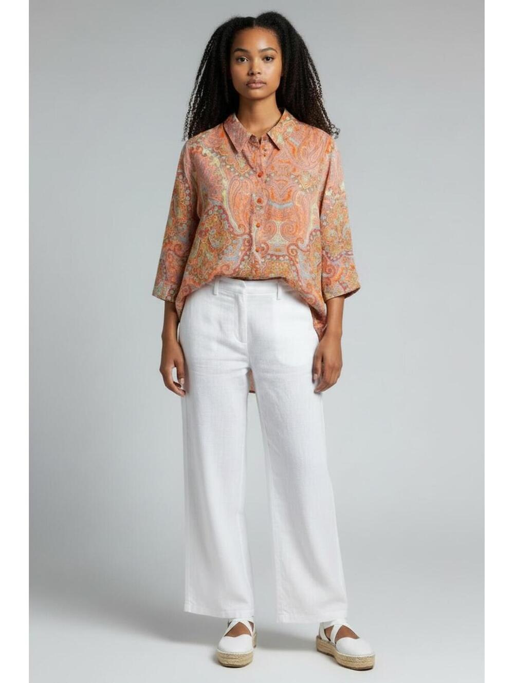 Chicos Women’s Vibrant Paisley  Linen 3/4 Sleeve Button Down, Size 1 (Us 8)